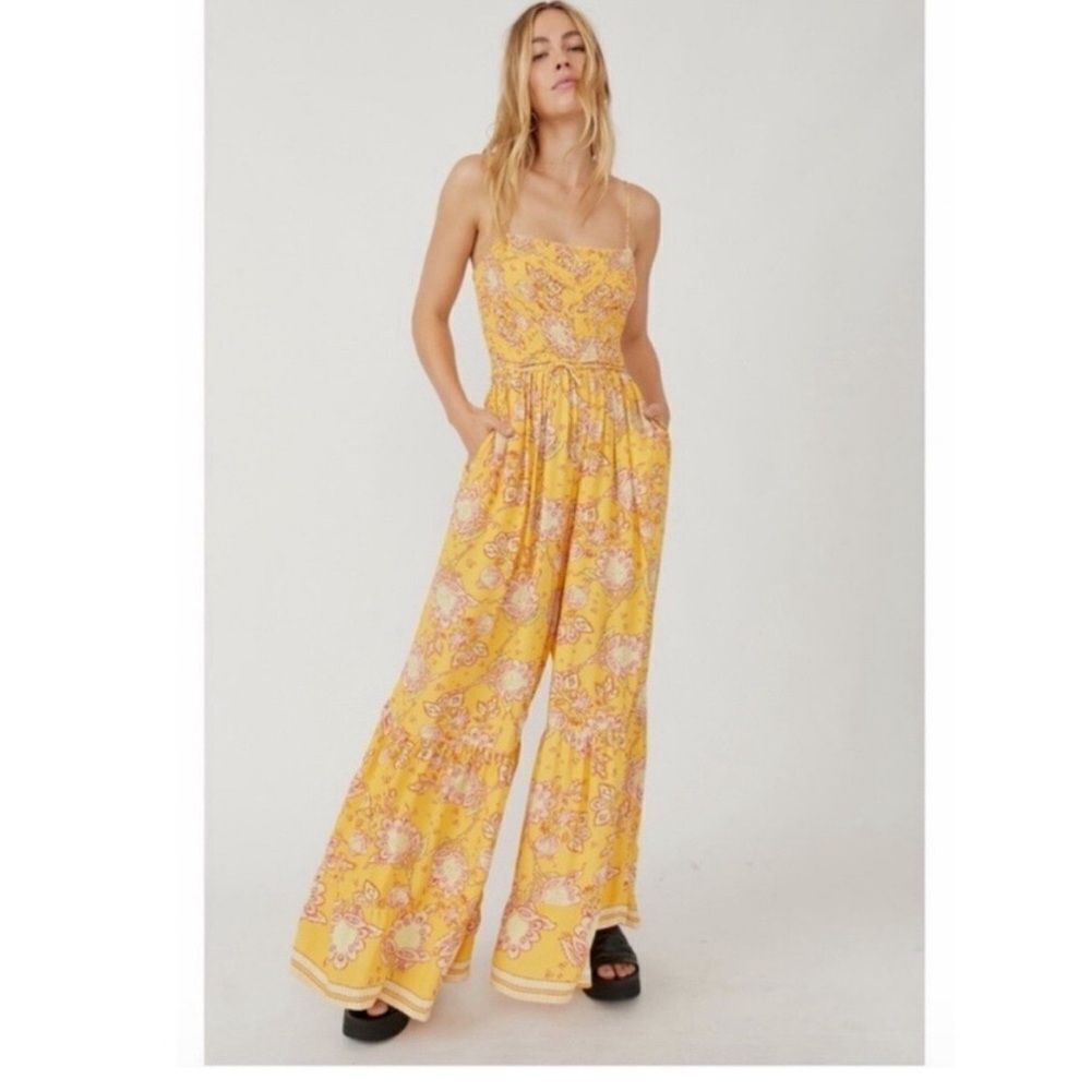 Free People Little of Your Love Golden Yellow Floral Wide Leg Smocked Jumpsuit
